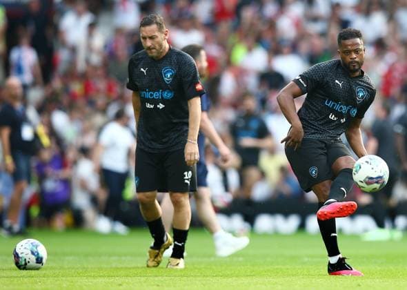 Mandatory Credit: Photo by Matt West Shutterstock (13949253f) Patrice Evra of Soccer Aid World XI warms up ahead of the game England XI v World XI, Soccer Aid for Unicef 2023, Football, Old Trafford, Manchester, UK - 11 Jun 2023 EDITORIAL USE ONLY No use with unauthorised audio, video, data, fixture lists, club league logos or live services. Online in-match use limited to 120 images, no video emulation. No use in betting, games or single club league player publications. England XI v World XI, Soccer Aid for Unicef 2023, Football, Old Trafford, Manchester, UK - 11 Jun 2023 EDITORIAL USE ONLY No use with unauthorised audio, video, data, fixture lists, club league logos or live services. Online in-match use limited to 120 images, no video emulation. No use in betting, games or single club league player publications.  Copyright: xMattxWest Shutterstockx 13949253f