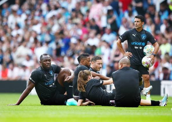 Mandatory Credit: Photo by Matt West Shutterstock (13949253h) Usain Bolt of Soccer Aid World XI warms up ahead of the game England XI v World XI, Soccer Aid for Unicef 2023, Football, Old Trafford, Manchester, UK - 11 Jun 2023 EDITORIAL USE ONLY No use with unauthorised audio, video, data, fixture lists, club league logos or live services. Online in-match use limited to 120 images, no video emulation. No use in betting, games or single club league player publications. England XI v World XI, Soccer Aid for Unicef 2023, Football, Old Trafford, Manchester, UK - 11 Jun 2023 EDITORIAL USE ONLY No use with unauthorised audio, video, data, fixture lists, club league logos or live services. Online in-match use limited to 120 images, no video emulation. No use in betting, games or single club league player publications.  Copyright: xMattxWest Shutterstockx 13949253h
