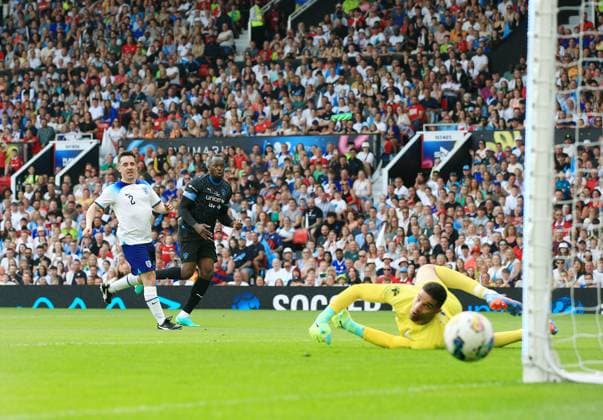 Mandatory Credit: Photo by Matt West Shutterstock (13949253n) Usain Bolt of Soccer Aid World XI puts his shot just wide of the post England XI v World XI, Soccer Aid for Unicef 2023, Football, Old Trafford, Manchester, UK - 11 Jun 2023 EDITORIAL USE ONLY No use with unauthorised audio, video, data, fixture lists, club league logos or live services. Online in-match use limited to 120 images, no video emulation. No use in betting, games or single club league player publications. England XI v World XI, Soccer Aid for Unicef 2023, Football, Old Trafford, Manchester, UK - 11 Jun 2023 EDITORIAL USE ONLY No use with unauthorised audio, video, data, fixture lists, club league logos or live services. Online in-match use limited to 120 images, no video emulation. No use in betting, games or single club league player publications.  Copyright: xMattxWest Shutterstockx 13949253n