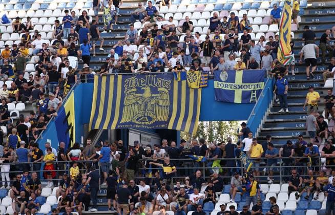 Foto Gianni Santandrea LaPresse 11 Giugno 2023 Reggio Emilia, Italia - calcio - Spezia vs Hellas Verona - Spareggio salvezza serie A TIM 2022 2023 - Mapei Stadium. Nella foto: tifosi Verona June 11, 2023 Reggio Emilia, Italy - sport, soccer - Spezia vs Hellas Verona - Italian Serie A Football Championship 2022 2023 - Mapei Stadium. In the pic: Verona supporter  Copyright: xGiannixSantandrea LaPressex