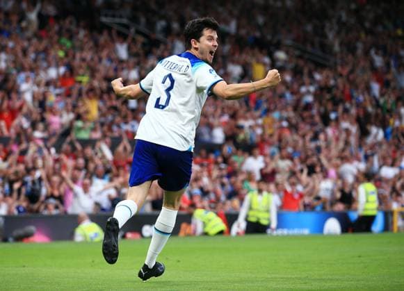 Mandatory Credit: Photo by Matt West Shutterstock (13949253ak) Asa Butterfield of Soccer Aid England celebrates scoring a goal to make it 1-1 England XI v World XI, Soccer Aid for Unicef 2023, Football, Old Trafford, Manchester, UK - 11 Jun 2023 EDITORIAL USE ONLY No use with unauthorised audio, video, data, fixture lists, club league logos or live services. Online in-match use limited to 120 images, no video emulation. No use in betting, games or single club league player publications. England XI v World XI, Soccer Aid for Unicef 2023, Football, Old Trafford, Manchester, UK - 11 Jun 2023 EDITORIAL USE ONLY No use with unauthorised audio, video, data, fixture lists, club league logos or live services. Online in-match use limited to 120 images, no video emulation. No use in betting, games or single club league player publications.  Copyright: xMattxWest Shutterstockx 13949253ak