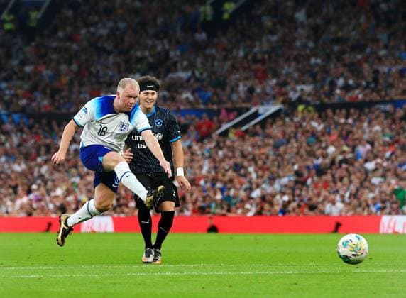 Mandatory Credit: Photo by Matt West Shutterstock (13949253al) Paul Scholes of Soccer Aid England scores a goal to make it 2-1 England XI v World XI, Soccer Aid for Unicef 2023, Football, Old Trafford, Manchester, UK - 11 Jun 2023 EDITORIAL USE ONLY No use with unauthorised audio, video, data, fixture lists, club league logos or live services. Online in-match use limited to 120 images, no video emulation. No use in betting, games or single club league player publications. England XI v World XI, Soccer Aid for Unicef 2023, Football, Old Trafford, Manchester, UK - 11 Jun 2023 EDITORIAL USE ONLY No use with unauthorised audio, video, data, fixture lists, club league logos or live services. Online in-match use limited to 120 images, no video emulation. No use in betting, games or single club league player publications.  Copyright: xMattxWest Shutterstockx 13949253al