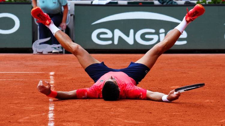 Mandatory Credit: Photo by Javier Garcia Shutterstock (13949284de) Novak Djokovic celebrates winning the French Open, his 23rd Grand Slam of his career French Open Tennis, Day 15, Roland Garros, Paris, France - 11 June 2023 French Open Tennis, Day 15, Roland Garros, Paris, France - 11 June 2023  Copyright: xJavierxGarcia Shutterstockx 13949284de