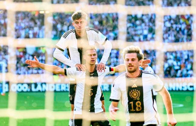 Sport Bilder des Tages Joshua Kimmich, DFB 6 scores, shoots goal , Tor, Treffer, Torschuss, 3-3, celebrates his goal, happy, laugh, celebration, Kai Havertz, DFB 7 in the friendly match for peace Spiel für den Frieden GERMANY - UKRAINE in Germany ,Season 2022 2023, on June 12, 2023 in Bremen, Germany.