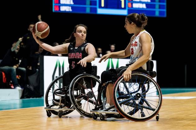 IWBF Rollstuhlbasketball Weltmeisterschaft Dubai 2022, Spanien - Kanada, 12.06.2023 Elodie Tessier (Kanada, 5), Beatriz Zudaire (Spanien, 8) IWBF Rollstuhlbasketball Weltmeisterschaft Dubai 2022, Spanien - Kanada, Dubai, World Trade Center Copyright: xBEAUTIFULxSPORTS Wunderlx