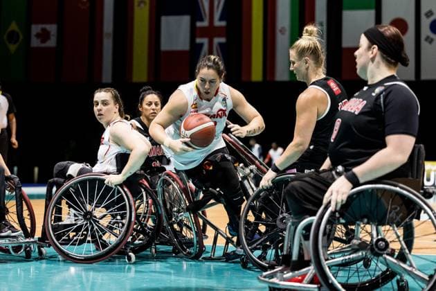 IWBF Rollstuhlbasketball Weltmeisterschaft Dubai 2022, Spanien - Kanada, 12.06.2023 Sara Revuelta (Spanien, 9), Victoria Alonso Vilarino (Spanien, 13), Kady Dandeneau (Kanada, 13) IWBF Rollstuhlbasketball Weltmeisterschaft Dubai 2022, Spanien - Kanada, Dubai, World Trade Center Copyright: xBEAUTIFULxSPORTS Wunderlx