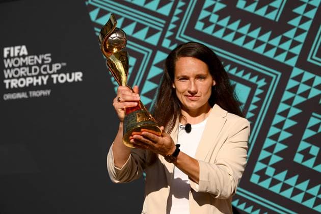 FIFA WOMENS WORLD CUP TROPHY TOUR MELBOURNE, Babett Peter holds the FIFA Women?s World Cup trophy during the FIFA Women?s World Cup Trophy Tour, in Melbourne, Wednesday, June 14, 2023. ( NO ARCHIVING, EDITORIAL USE ONLY, NO USE IN BOOKS WITHOUT CONSENT MELBOURNE VIC AUSTRALIA  Copyright: xMORGANxHANCOCKx 20230614001810271139