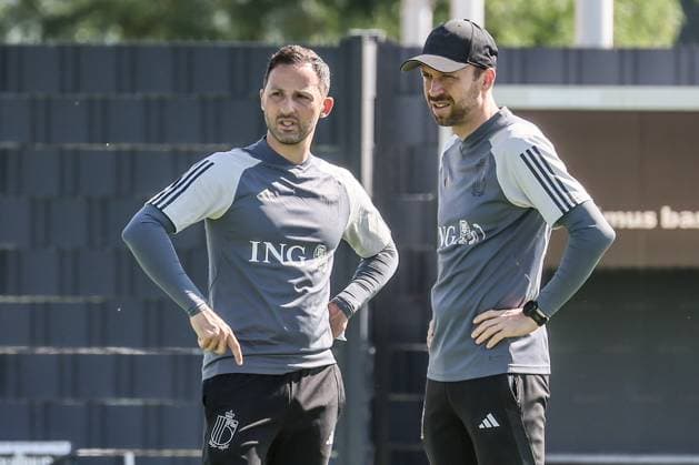 Sport Bilder des Tages Belgium s head coach Domenico Tedesco and assistant coach Andreas Hinkel pictured during a training session of Belgian national soccer team Red Devils, Thursday 15 June 2023, at the Royal Belgian Football Association RBFA s headquarters in Tubize, in preparation of the matches against Austria and Estonia later this month. BRUNOxFAHY  x68857366x