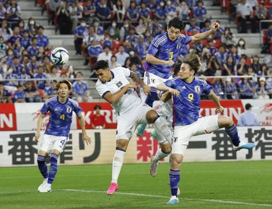 Football: Japan-El Salvador friendly Japan s Shogo Taniguchi (top) opens the scoring with a header in the first half of an international football friendly against El Salvador on June 15, 2023, at Toyota Stadium in Toyota in Aichi Prefecture, central Japan.  A14AA0001586619P 