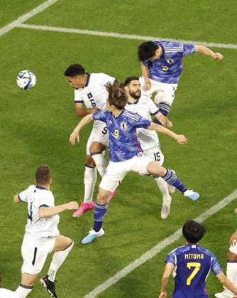 Football: Japan-El Salvador friendly Japan s Shogo Taniguchi (top, R) opens the scoring with a header in the first half of an international football friendly against El Salvador on June 15, 2023, at Toyota Stadium in Toyota in Aichi Prefecture, central Japan.  A14AA0001586664P 