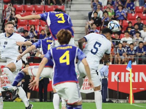 June 15, 2023, Toyota, Japan - Japan s Shogo Taniguchi ( 3) heads the ball to score a goal against El Salvador during an International Friendly, Länderspiel, Nationalmannschaft match Kirin Challenge Cup at the Toyota stadium in Toyota, Aichi prefecture on Thursday, June 15, 2023. Japan defeated El Salvador 6-0. (photo by Yoshio Tsunoda AFLO) Noxthirdxpartyxsales  (0260068126st)