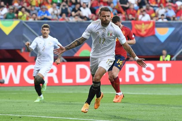 Fußball UEFA Nations League Halbfinale Spanien - Italien am 15.06.2023 in De Grolsch Veste in Enschede Torjubel zum 1:1 durch Ciro Immobile ( Italien )