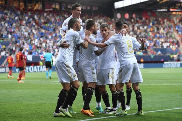 Fußball UEFA Nations League Halbfinale Spanien - Italien am 15.06.2023 in De Grolsch Veste in Enschede Torjubel zum 1:1 durch Ciro Immobile ( Italien )