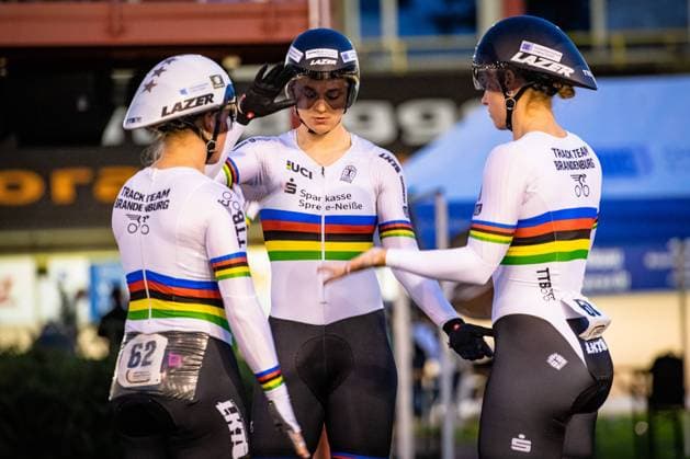Track Team Brandenburg: DM Bahn 2023 - Cottbus GRABOSCH Pauline Sophie - HINZE Emma - FRIEDRICH Lea Sophie ( GER ) Track Team Brandenburg Querformat - quer - horizontal - Landscape - Event Veranstaltung: DM Bahn 2023 - Deutsche Meisterschaft - Category Kategorie: Cycling - Track cycling, Rad, Radsport, Bahnrad, Bahn National Championship - Elite Women - Location Ort: Europe Germany - Brandenburg - Cottbus - Discipline: Team Sprint - Distance: ... m - Date Datum: 15.06.2023 Thursday Day 2 -
