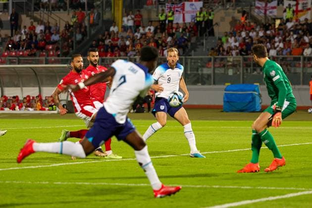 Malta v England Euro 2024 Qualifier 16 06 2023. Goal 0-1 Bukayo Saka (7) of England crossing for Harry Kane (9) of England to clinch an own goal during the Euro 2024 Qualifier match between Malta and England at National Stadium, Attard, Malta on 16 June 2023. Editorial use only , Copyright: xNigelxKeenex PSI-17544-0017