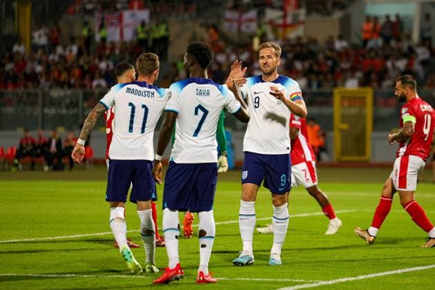 Malta v England Euro 2024 Qualifier 16 06 2023. Goal 0-1 Bukayo Saka (7) of England and Harry Kane (9) of England celebrates crossing for the own goal during the Euro 2024 Qualifier match between Malta and England at National Stadium, Attard, Malta on 16 June 2023. Editorial use only , Copyright: xNigelxKeenex PSI-17544-0019