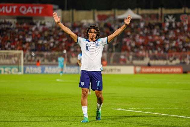 Malta v England Euro 2024 Qualifier 16 06 2023. Goal 0-2 Trent Alexander-Arnold (10) of England scores a goal and celebrates during the Euro 2024 Qualifier match between Malta and England at National Stadium, Attard, Malta on 16 June 2023. Editorial use only , Copyright: xNigelxKeenex PSI-17544-0029