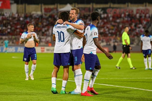 Malta v England Euro 2024 Qualifier 16 06 2023. Goal 0-2 Trent Alexander-Arnold (10) of England scores a goal and celebrates during the Euro 2024 Qualifier match between Malta and England at National Stadium, Attard, Malta on 16 June 2023. Editorial use only , Copyright: xNigelxKeenex PSI-17544-0030