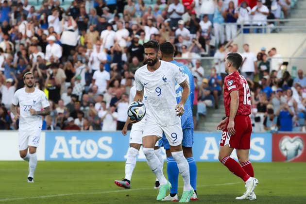 LoulÃ , 06 16 2023 - The Gibraltar national team, Nationalteam hosted the France National Team tonight at Estadio do Algarve, in a game counting for the 2024 European Championship, EM, Europameisterschaft Qualifying. Celebration of Olivier Giroud s goal (0-1) (Carlos Vidigal Jr. Global Images) FOOTBALL : Gibraltar Vs France - Qualification Euro - 16 06 2023 Atlantico Panoramic 