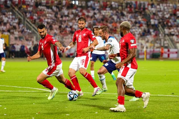 Malta v England Euro 2024 Qualifier 16 06 2023. James Maddison (11) of England goes through on goal during the Euro 2024 Qualifier match between Malta and England at National Stadium, Attard, Malta on 16 June 2023. Editorial use only , Copyright: xNigelxKeenex PSI-17544-0036