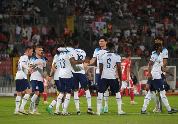 VALLETTA, MALTA - JUNE 16: Callum Wilson of England is swamped by his team-mates after scoring his sides fourth goal during the UEFA EURO, EM, Europameisterschaft,Fussball 2024 qualifying round group C match between Malta and England at Ta Qali Stadium on June 16, 2023 in Valletta, Malta. SPO 