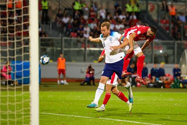 Malta v England Euro 2024 Qualifier 16 06 2023. Harry Kane (9) of England heads towards goal during the Euro 2024 Qualifier match between Malta and England at National Stadium, Attard, Malta on 16 June 2023. Editorial use only , Copyright: xNigelxKeenex PSI-17544-0073