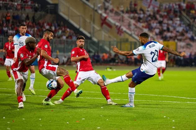 Malta v England Euro 2024 Qualifier 16 06 2023. Callum Wilson (23) of England shoots towards the goal during the Euro 2024 Qualifier match between Malta and England at National Stadium, Attard, Malta on 16 June 2023. Editorial use only , Copyright: xNigelxKeenex PSI-17544-0077