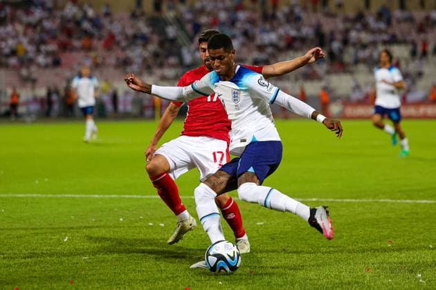 Malta v England Euro 2024 Qualifier 16 06 2023. Marcus Rashford (18) of England prepares to shoots towards the goal during the Euro 2024 Qualifier match between Malta and England at National Stadium, Attard, Malta on 16 June 2023. Editorial use only , Copyright: xNigelxKeenex PSI-17544-0083