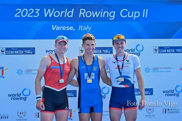 Lightweight Men s Single Sculls Final A: Andri Struzinav(SUI), silver medal, Niels Torre (ITA) gold medal, Baptiste Savaete (FRA) silver medal during 2023 World Rowing Cup II, Canoying in Varese, Italy, June 16 2023  Copyright: xDaniloxVigo IPAxSportx xipa-agenx xx 0 IPA_IPA38693057