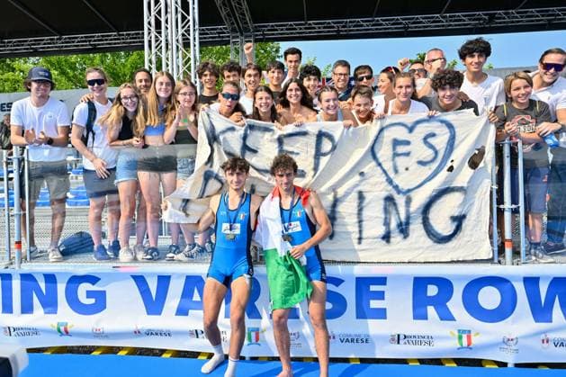 Lightweight Men s Pair Final: Francesco Bardelli - Stefano Pinsone (ITA) gold medal and supporter s during 2023 World Rowing Cup II, Canoying in Varese, Italy, June 16 2023  Copyright: xDaniloxVigo IPAxSportx xipa-agenx xx 0 IPA_IPA38693482