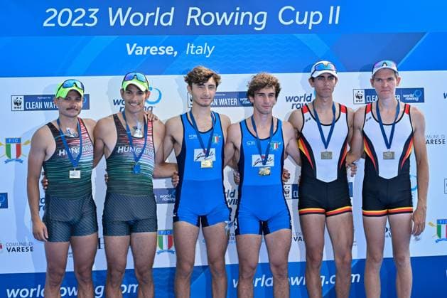 Lightweight Men s Pair Final: Bence Szabo - Kalman Furko (HUN) silver medal Francesco Bardelli - Stefano Pinsone (ITA) gold medal - Zeno Robertson - Max Von Buelow (GER) bronze medal during 2023 World Rowing Cup II, Canoying in Varese, Italy, June 16 2023  Copyright: xDaniloxVigo IPAxSportx xipa-agenx xx 0 IPA_IPA38693484