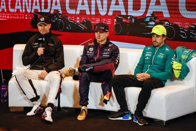 27 Nico Hulkenberg (DEU, MoneyGram Haas F1 Team), 1 Max Verstappen (NLD, Oracle Red Bull Racing), 14 Fernando Alonso (ESP, Aston Martin Aramco Cognizant F1 Team), F1 Grand Prix of Canada at Circuit Gilles-Villeneuve on June 17, 2023 in Montreal, Canada. (Photo by HOCH ZWEI) Montreal Canada
