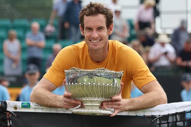 Bilder des Jahres 2023, Sport 06 Juni Sport Themen der Woche KW24 18th June 2023; Nottingham Tennis Centre, Nottingham, England: Rothesay Nottingham Open, Day 7; Andy Murray celebrates with the Rothesay Nottingham Open trophy after beating Arthur Cazaux (fra) in 2 sets in the final  ActionPlus12520754 ShaunxBrooks