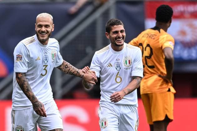 Enschede (Olanda) 18 06 2023 - Nations League Olanda-Italia foto Image nella foto: esultanza gol Federico Dimarco 