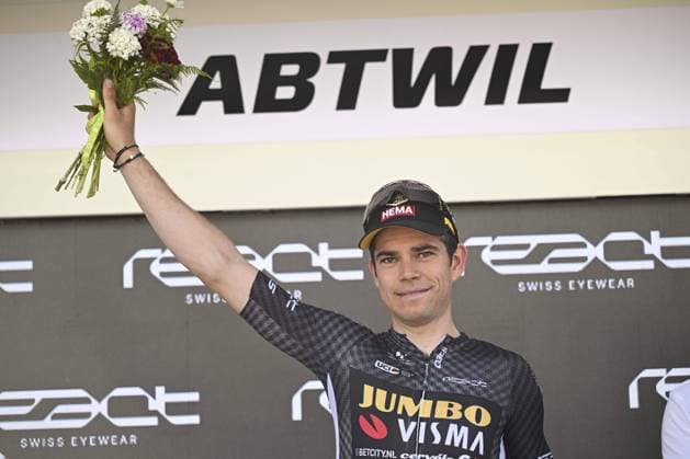 ABTWIL, SWITZERLAND - JUNE 18 : Van Aert Wout (BEL) of Jumbo-Visma winning the points competition during stage 8 of the 86th edition of the 2023 Tour de Suisse cycling race 2.UWT, an individual time trial stage of 25,7 kms with start in St. Gallen and finish in Abtwil on June 18, 2023 in Abtwil, Switzerland, 18 06 2023 ( Motordriver Kenny Verfaillie - Tour de Suisse 2023 - Stage 8 PhotoNews Panoramic 