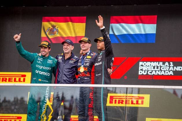 Formula 1 Championship - FORMULA 1 PIRELLI GRAND PRIX DU CANADA 2023 Podium of the race& xA; Max Verstappen (NED) Redbull Racing RB19& xA; Fernando Alonso (SPA) Aston Martn AMR23& xA; Lewis Hamilton (GBR) Mercedes W14 E Performance& xA;& xA;during the Race on Sunday 18th June - FORMULA 1 PIRELLI GRAND PRIX DU CANADA 2023 - from 15th to 18th June 2023 at Circuit Gilles Villeneuve, Montreal, Quebec, Canada Canada Copyright: xStefanoxFacchin AvensImagesx xLiveMediax LPS_978756