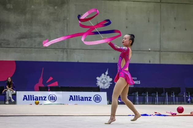Sport Themen der Woche KW24 Sport Bilder des Tages June 18, 2023, Berlin, Germany: An athlete from Canada competes in Rhythmic gymnastics, Rhythmische Sportgymnastik, RSG discipline during the Special Olympics Summer World Games Berlin 2023 in Messe conference centre. The 2023 Berlin Games will host 7000 athletes with learning disabilities from 190 countries. Special Olympics is an international charity which aims to include individuals with learning disabilities into the realm of olympic sports. Berlin 2023 is the biggest sporting as well as charitable event of 2023. Berlin Germany - ZUMAs197 20230618_zaa_s197_148 Copyright: xDominikaxZarzyckax
