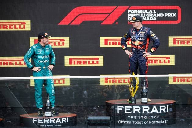 14 Fernando Alonso (ESP, Aston Martin Aramco Cognizant F1 Team), 1 Max Verstappen (NLD, Oracle Red Bull Racing), F1 Grand Prix of Canada at Circuit Gilles-Villeneuve on June 18, 2023 in Montreal, Canada. (Photo by HOCH ZWEI) Montreal Canada