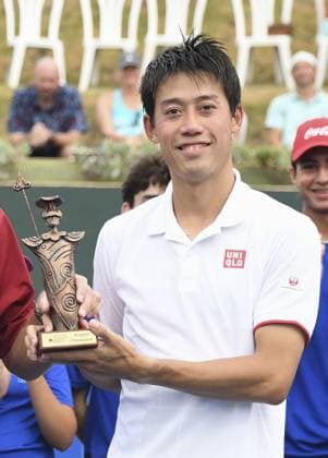 Sport Bilder des Tages Tennis: Caribbean Open Kei Nishikori of Japan smiles after winning the men s singles title of the Caribbean Open tennis tournament in Palmas del Mar, Puerto Rico, on June 18, 2023.  A14AA0001599209P 