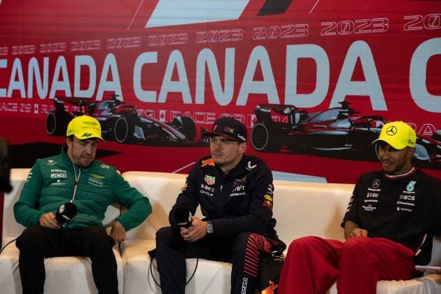FORMULA 1 AWS GRAND PRIX DU CANADA 2023 19.06.2023, Circuit Gilles-Villeneuve, Montreal, FORMULA 1 AWS GRAND PRIX DU CANADA 2023 , im Bild Sieger Max Verstappen (NLD), Oracle Red Bull Racing, 2.Platz für Fernando Alonso (ESP), Aston Martin Aramco Cognizant Formula One Team, 3.Platz für Lewis Hamilton (GBR), Mercedes-AMG Petronas Formula One Team
