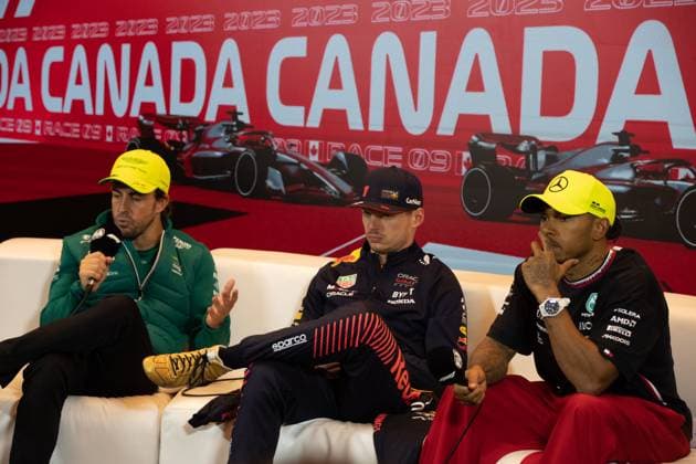 19.06.2023, Circuit Gilles-Villeneuve, Montreal, FORMULA 1 AWS GRAND PRIX DU CANADA 2023 , im Bild Sieger Max Verstappen (NLD), Oracle Red Bull Racing, 2.Platz für Fernando Alonso (ESP), Aston Martin Aramco Cognizant Formula One Team, 3.Platz für Lewis Hamilton (GBR), Mercedes-AMG Petronas Formula One Team Montreal Circuit Gilles-Villeneuve Quebec Kanada
