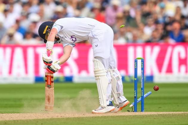 Sport Themen der Woche KW25 Sport Bilder des Tages LV= Insurance Ashes Test Series England v Australia Ollie Pope of England is bowled by Pat Cummings of Australia during the LV= Insurance Ashes Test Series Day 4 match England vs Australia at Edgbaston, Birmingham, United Kingdom, 19th June 2023 (Photo by Craig Thomas News Images) Copyright: xCraigxThomas NewsxImagesx