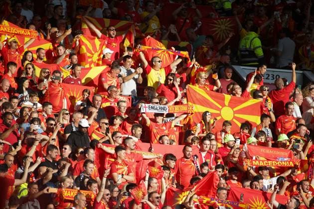 North Macedonia supporters sing the National Anthem Copyright: xSimonxHallx 37600030