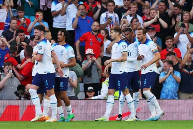 Manchester, England, June 19th 2023: Harry Kane (9 England) celebrates after scoring his team s first goal during the UEFA 2024 European Qualifiers football match between England and North Macedonia at Old Trafford in Manchester, England. (James Whitehead SPP) Copyright: xJamesxWhiteheadx xSPPx spp-en-JaWhSp-ENGvMKD082-1