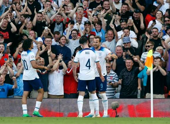 UEFA European Championships - Qualifying - Group C - England vs North Macedonia - Old Trafford - Monday 19th June 2023 Harry Kane of England celebrates with Declan Rice after he scores to make it 1-0 in the first half, at Old Trafford. 
