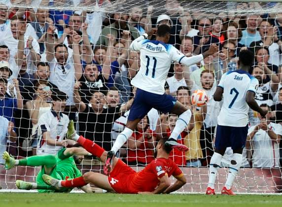 UEFA European Championships - Qualifying - Group C - England vs North Macedonia - Old Trafford - Monday 19th June 2023 Marcus Rashford of England scores to make it 3-0 in the first half, at Old Trafford. 