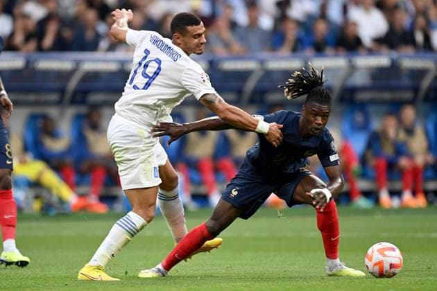 France v Greece: Group B - UEFA EURO, EM, Europameisterschaft,Fussball 2024 Qualifying Round Giorgos Giakoumakis of Greece and Eduardo Camavinga of France challenge during the UEFA EURO 2024 Qualifying Round Group B match between France and Greece at Stade de France on June 19, 2023 in Paris, France. Paris Stade de France France France Copyright: xRichardxSellers Sportsphoto APLx 13950565