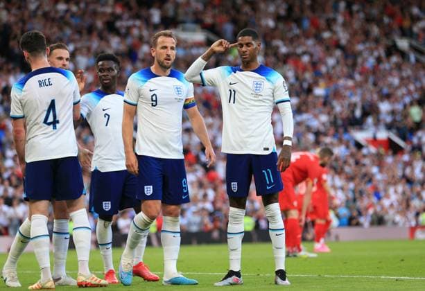 Mandatory Credit: Photo by JASONPIX Shutterstock (13975662o) Marcus Rashford of England celebrates with Harry Kane & Bukayo Saka after he scores a goal to put England 3-0 up England v North Macedonia - European Championship, EM, Europameisterschaft QUALIFYING - GROUP C. Football, Old Trafford, Manachester. UK. 19 JUN 2023 Editorial use only England v North Macedonia - EUROPEAN CHAMPIONSHIP QUALIFYING - GROUP C. Football, Old Trafford, Manachester. UK. 19 JUN 2023 Editorial use only  Copyright: xJASONPIX Shutterstockx 13975662o