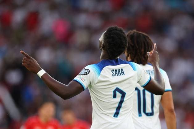Manchester, England, June 19th 2023: Bukayo Saka (7 England) celebrates after scoring his team s fourth goal during the UEFA 2024 European Qualifiers football match between England and North Macedonia at Old Trafford in Manchester, England. (James Whitehead SPP) Copyright: xJamesxWhiteheadx xSPPx spp-en-JaWhSp-ENGvMKD097