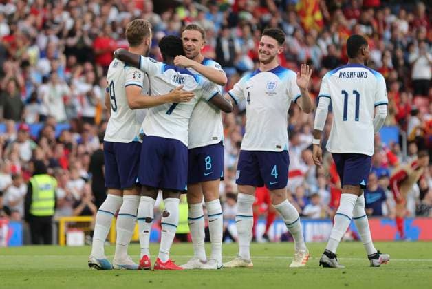 England v North Macedonia UEFA EURO, EM, Europameisterschaft,Fussball 2024 Qualifiers Bukayo Saka of England celebrates scoring his side?s 4th goal during the UEFA Euro 2024 Qualifiers Group C match at Old Trafford, Manchester Copyright: xPaulxChestertonx FIL-18631-0041 UK Newspapers OUT